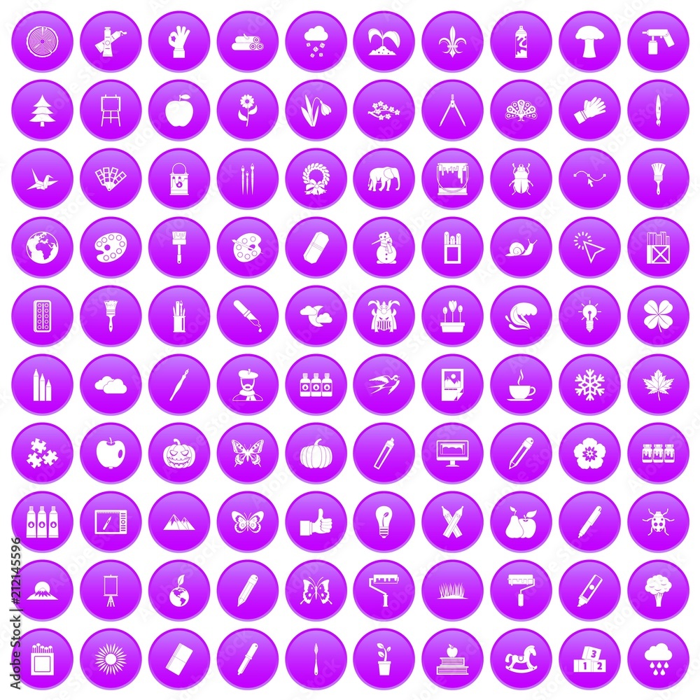 100 eco design icons set in purple circle isolated vector illustration