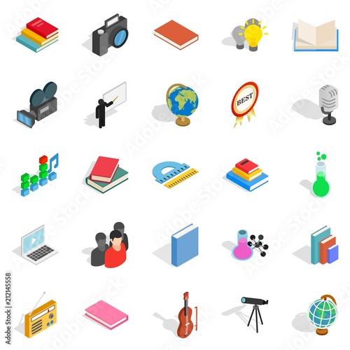 Schoolbook icons set. Isometric set of 25 schoolbook vector icons for web isolated on white background