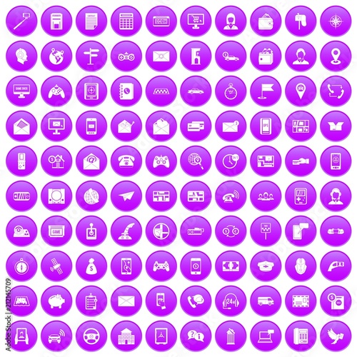 100 telephone icons set in purple circle isolated on white vector illustration