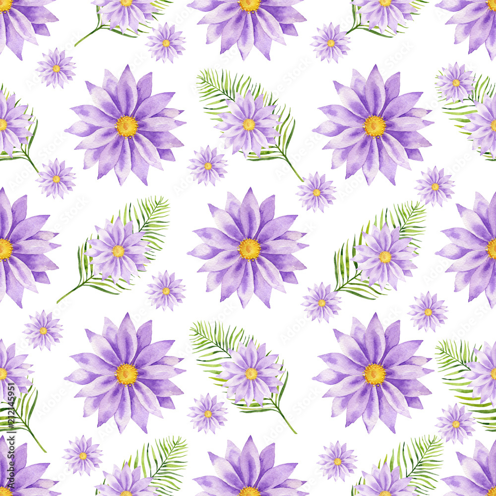 Watercolor hand painted seamless pattern of violet flowers.