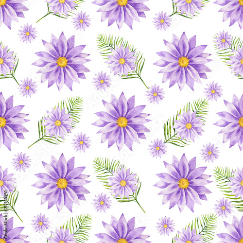 Watercolor hand painted seamless pattern of violet flowers.