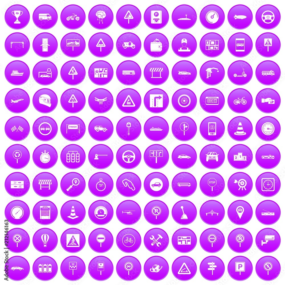 100 traffic icons set in purple circle isolated on white vector illustration 100 traffic icons set in purple circle isolated on white vector illustration