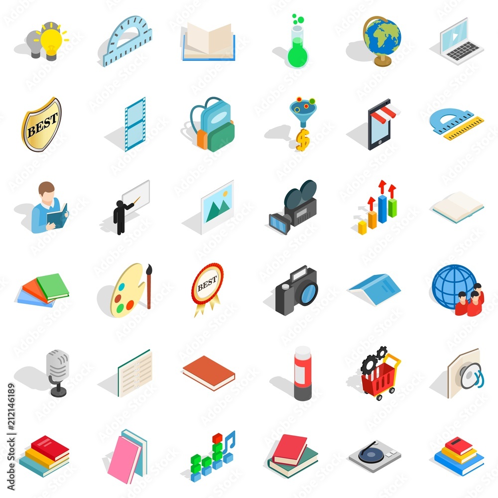 Science icons set. Isometric style of 36 science vector icons for web isolated on white background Science icons set. Isometric style of 36 science vector icons for web isolated on white background