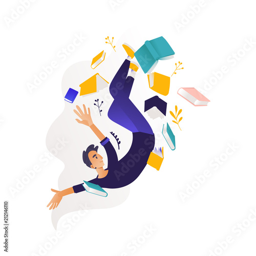 Young boy flying surrounded by books and note pads. Studying and analysis of data theme - man in information surroundings for education concept in cartoon vector illustration.