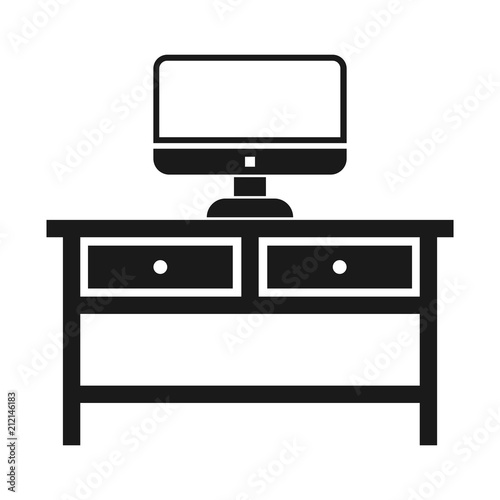 Simple work desk icon. Desk and a monitor. Black silhouette. Isolated on white
