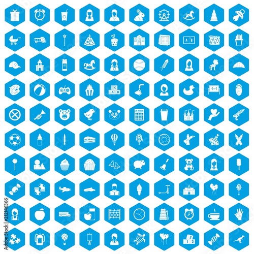 100 child center icons set in blue hexagon isolated vector illustration