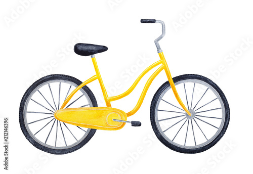Bright yellow colorful bicycle. One single object. Symbol of freedom, summer, movement, fun, health, eco friendly transportation. Hand drawn watercolour graphic painting on white, cut out clip art.