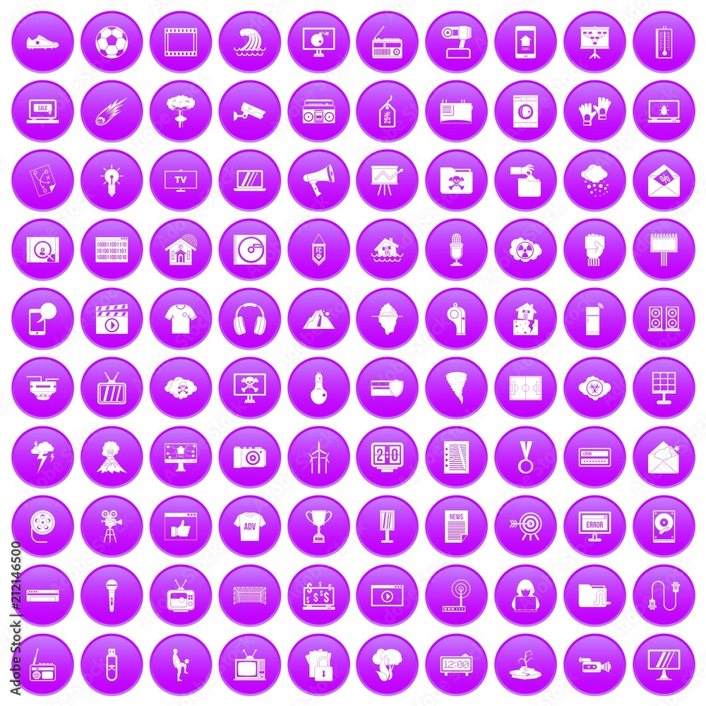 100 TV icons set in purple circle isolated on white vector illustration 100 TV icons set in purple circle isolated on white vector illustration