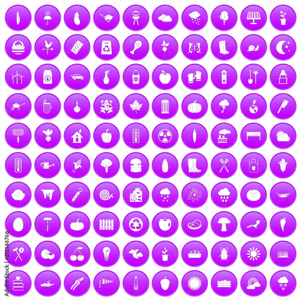 100 vegetables icons set in purple circle isolated on white vector illustration 100 vegetables icons set in purple circle isolated on white vector illustration