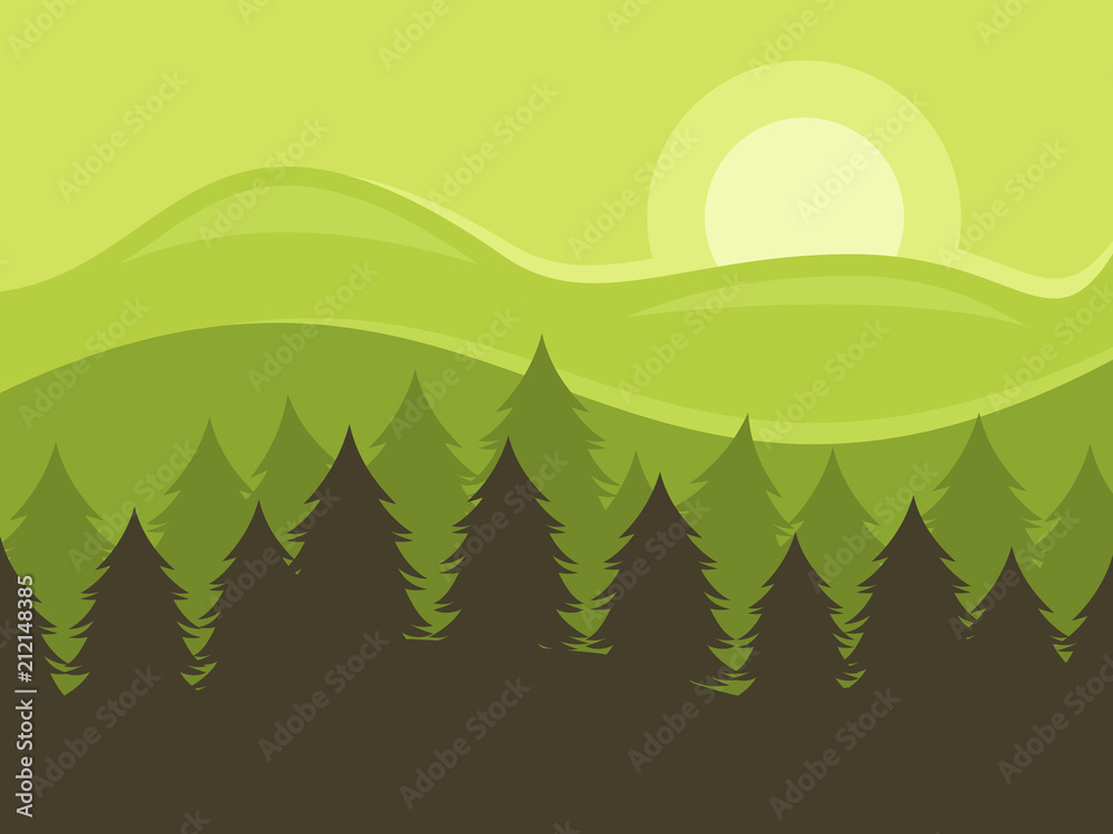 Pine forest landscape, vector illustration.