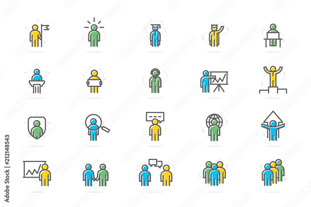 Set of vector human resources and business organization management colored line icons. Teamwork, presentation, customer support, b2b, search employees, SEO, company security, success and more. Set of vector human resources and business organization management colored line icons. Teamwork, presentation, customer support, b2b, search employees, SEO, company security, success and more.