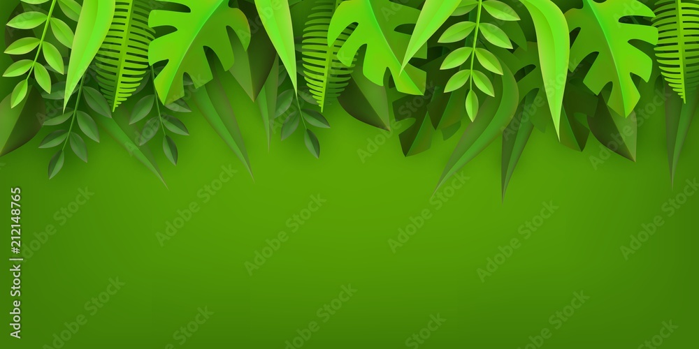Fototapeta premium Paper art style natural border frame with various cut cardboard plant leaves with copy space. Summertime eco vector illustration banner with folded origami foliage on green background.