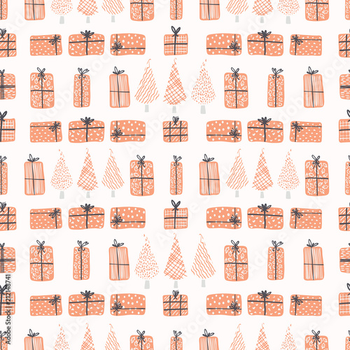 Festive Christmas Tree Gift Boxes, Hand Drawn Grey, White Orange Seamless Vector Pattern, Trendy Winter Illustration for Fashion Prints, Stationery, Xmas Decor, Gift Wrap & Seasonal Web Backgrounds