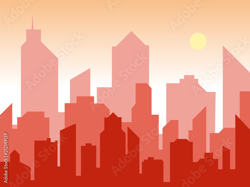 Sunrise and modern silhouette city in flat art style. Comics book design background. Vector illustration retro style