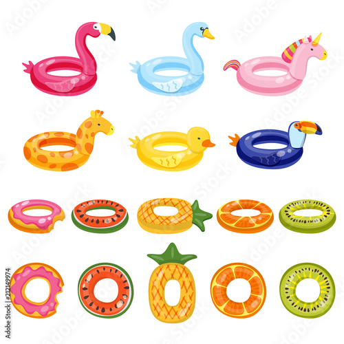 Pool inflatable cute kids toys set isolated on white background. Vector hand drawn doodle illustration.