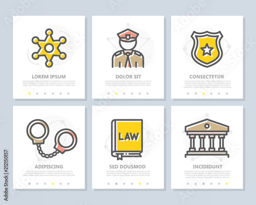 Set of vector crime, law, police and justice colored elements for multipurpose a4 presentation template. Leaflet, corporate report, marketing, advertising, book cover design.