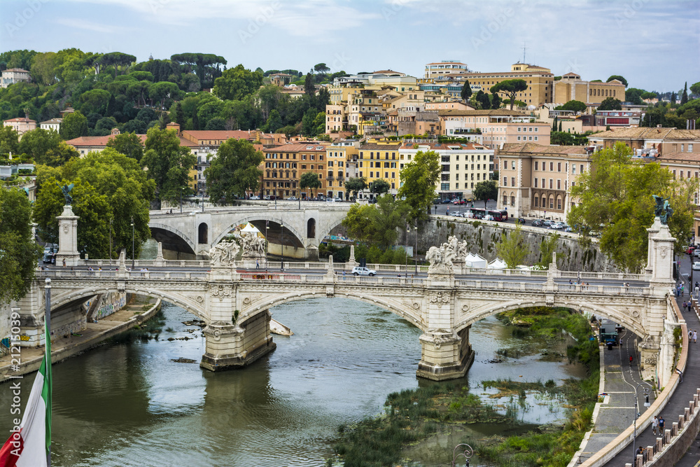 View of Ponte Vittorio Emanuele II on Tiber River from Castel Sant'Angelo