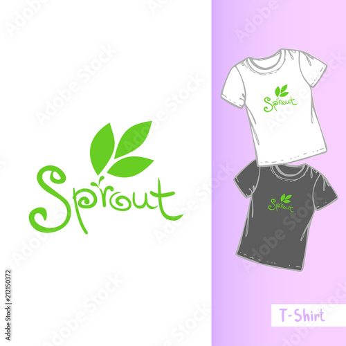 Vector line t-shirt template. Three hand drawn leaf and the inscription SPROUT