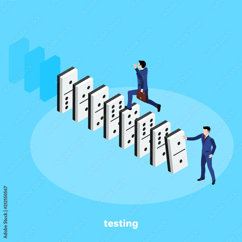 a man in a business suit runs along a domino series lined up, an isometric image a man in a business suit runs along a domino series lined up, an isometric image