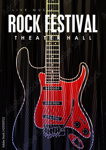 Music poster template. Vector flyer background with electric guitar illustration.