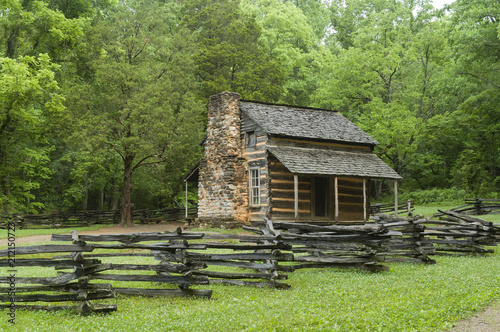 The abandoned John Oliver log cabin in Cades Cove, Great Smoky Mountains National Park, Tennessee, USA.