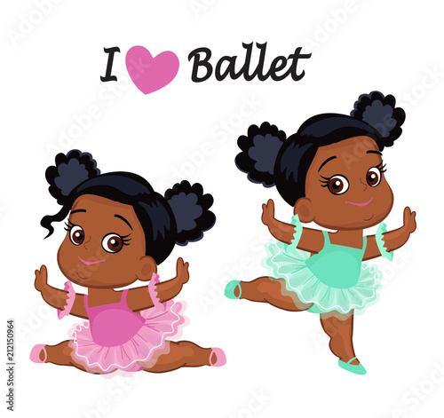 Vector cute little baby African American ballerinas in  tutu dresses.  Vector illustration isolated on white background.