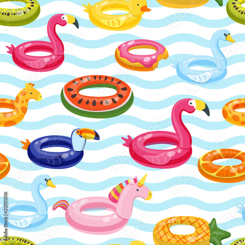 Vector seamless swimming pool float rings pattern. Multicolor inflatable cute kids toys and striped background.