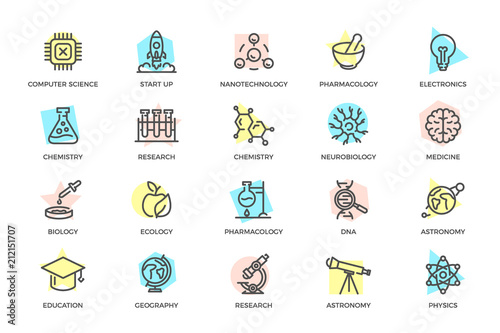 Set of vector science and research colored line icons with titles. Chip  rocket  atom  ion  lamp  tube  bulb  neuron  brain  dna  molecule  lab  space  microscope  telescope and more.