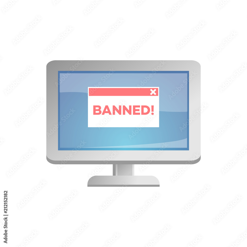 Red Banned sign on desktop computer monitor isolated on white background in flat style - concept of blocking user for performing certain actions on website in flat vector illustration. Red Banned sign on desktop computer monitor isolated on white background in flat style - concept of blocking user for performing certain actions on website in flat vector illustration.