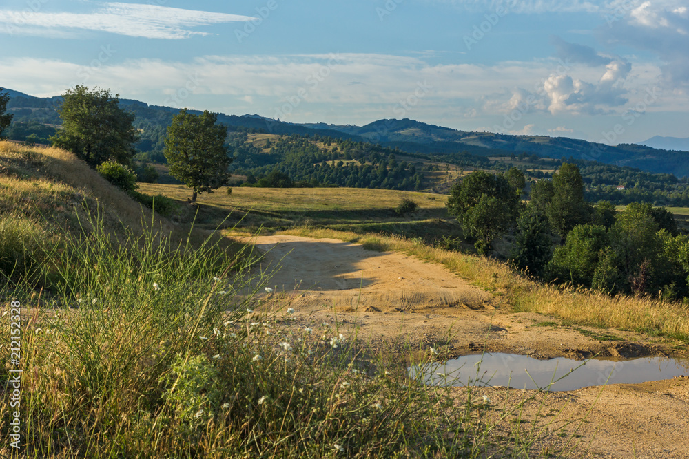 Obraz premium Sunset Landscape of Ograzhden Mountain and Petrich Valley, Blagoevgrad Region, Bulgaria