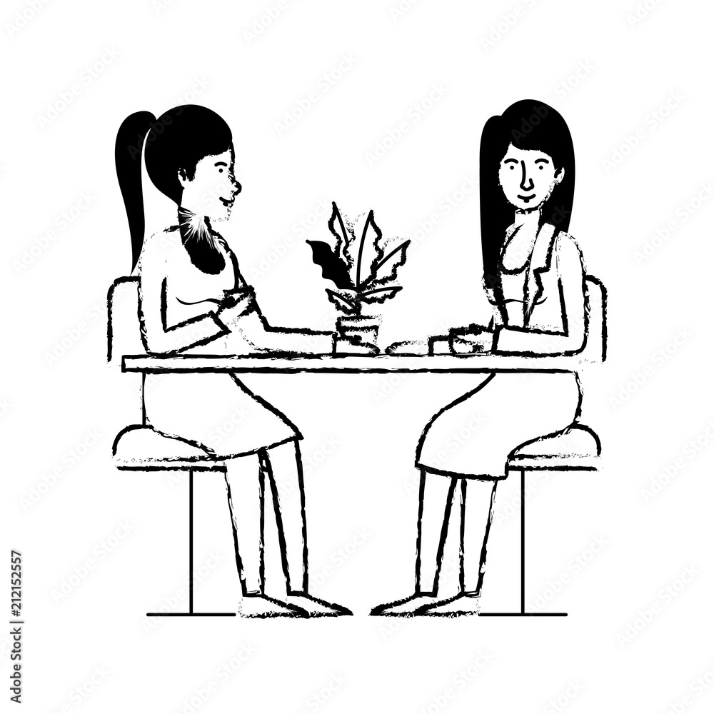 women in the table drinking coffee with house plant vector illustration design women in the table drinking coffee with house plant vector illustration design