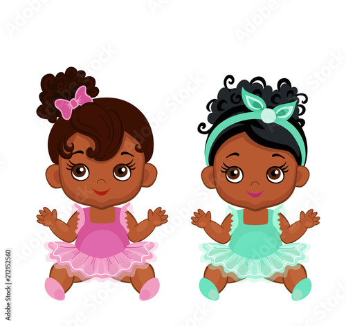 Vector cute little baby African American ballerinas in  tutu dresses. 