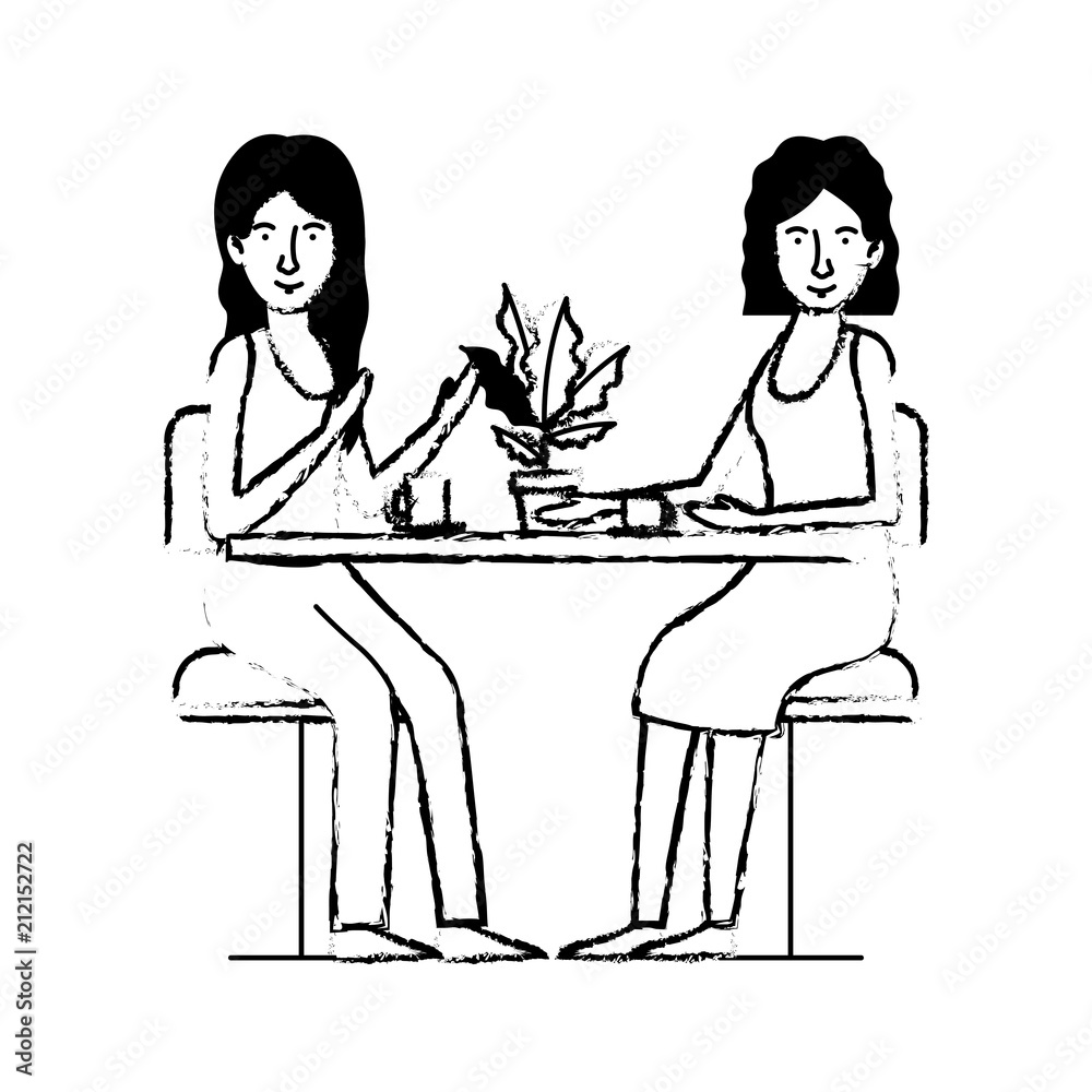 women in the table drinking coffee with house plant vector illustration design women in the table drinking coffee with house plant vector illustration design