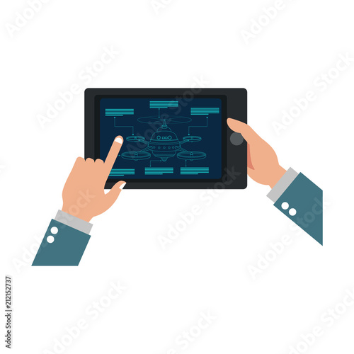 Hands controlling drone from tablet vector illustration graphic design