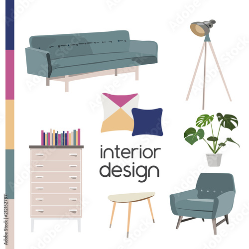vector interior design illustration. collection set of furniture realistc looking. trendy hohouse decor decoration. modern contemporary style. mid century modern cofa armchair chair.mood board. 