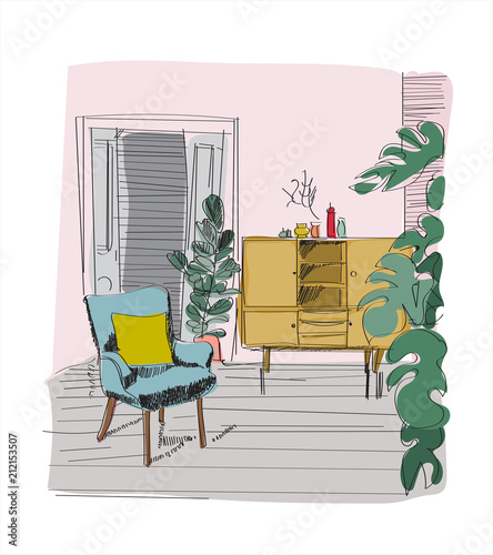 interior design vector illustration. furniture of living room. hand drawn chair and sideboard and pot plant.