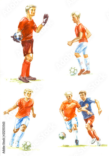 Young football players with a ball, watercolor sketch