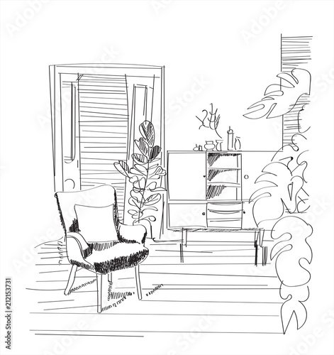 interior design vector illustration. furniture of living room. hand drawn chair and sideboard and pot plant.