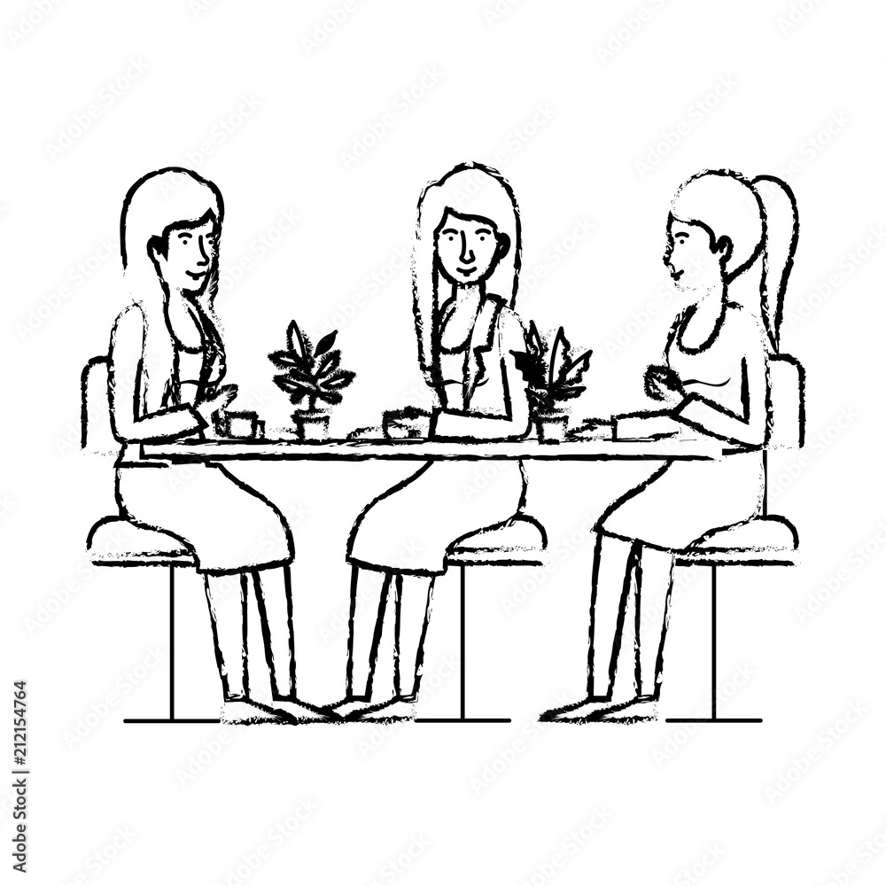 women in the table drinking coffee with house plants vector illustration design