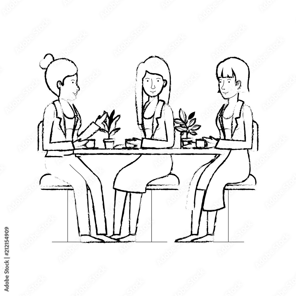 women in the table drinking coffee with house plants vector illustration design