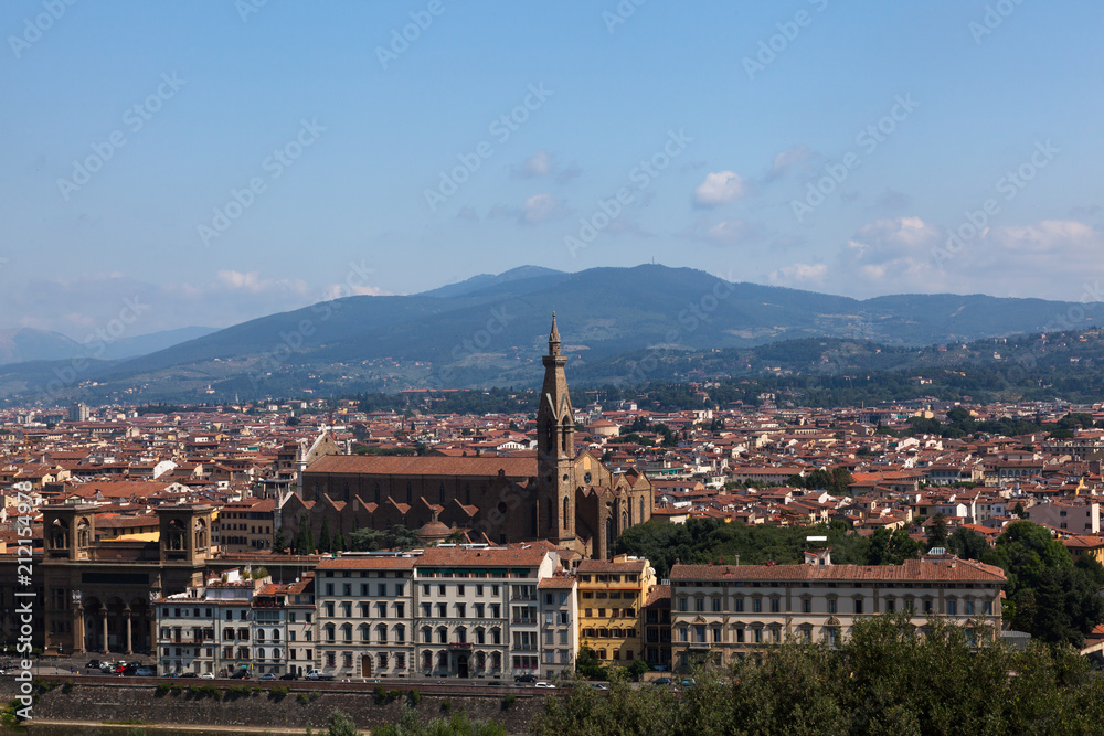 Florence city viewed from plaza de michelangelo to the river Arno, with Ponte Vecchio, Palazzo Vecchio and Cathedral of Santa Maria del Fiore (Duomo), Florence, Italy