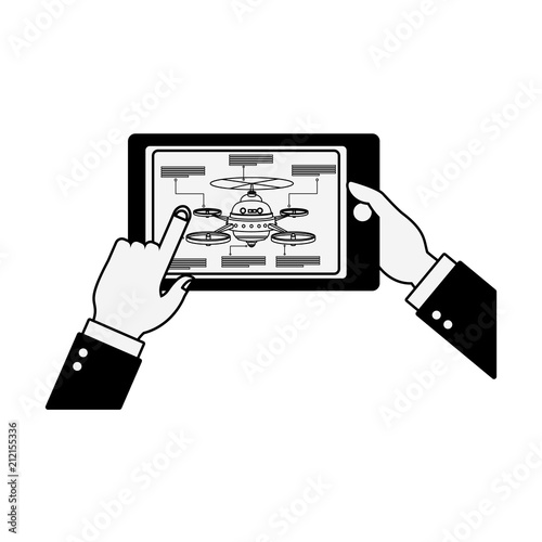 Hands controlling drone from tablet vector illustration graphic design