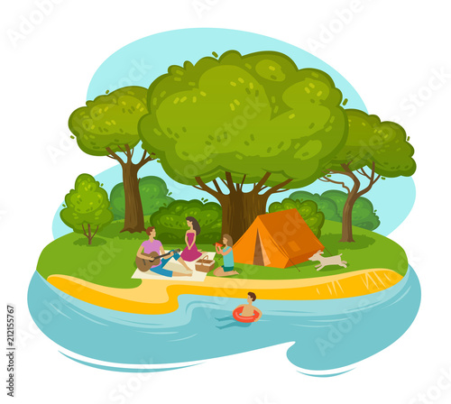 Happy family having a rest on a picnic outdoors. Cartoon vector illustration