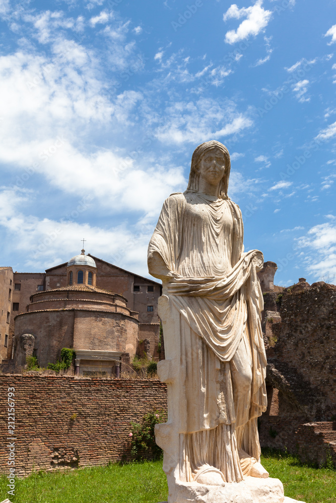 Fototapeta premium Statue at the ruins oo Palatine hill, palace in Rome, Italy (Circus Maximus)