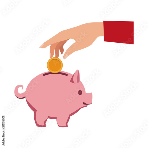 Hand depositing coin into piggy vector illustration graphic design