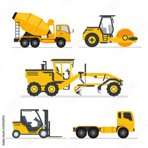 set of construction heavy machines. vehicles construction equipment for building. Road Grader, Concrete cement mixer truck, long trailer, road roller, fork lift. isolated illustration vector.