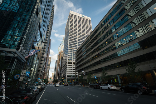Modern skyscrapers along Market Street, in Center City, Philadelphia, Pennsylvania.