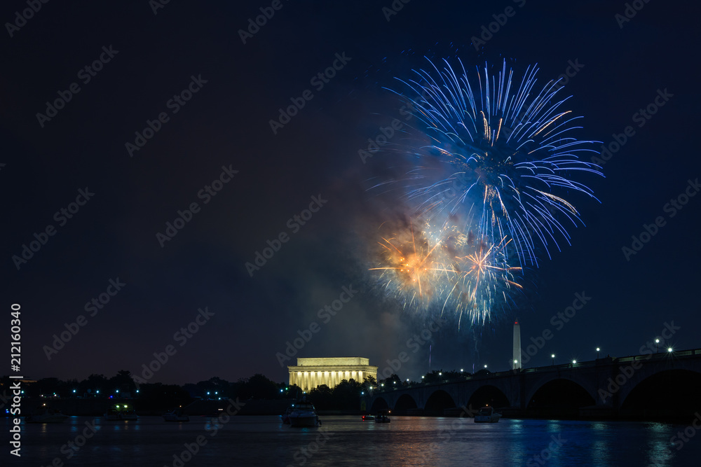 4th of July Fireworks over the Potomac River, in Washington, DC.
