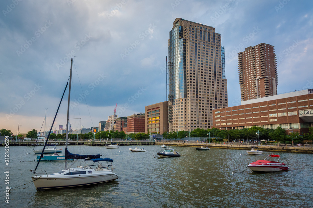 Boats and buildings along the Hudson River in Tribeca, Manhattan, New York City. Boats and buildings along the Hudson River in Tribeca, Manhattan, New York City.