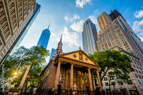 Photography Saint Paul's Chapel at sunset, in Lower Manhattan, New York City.